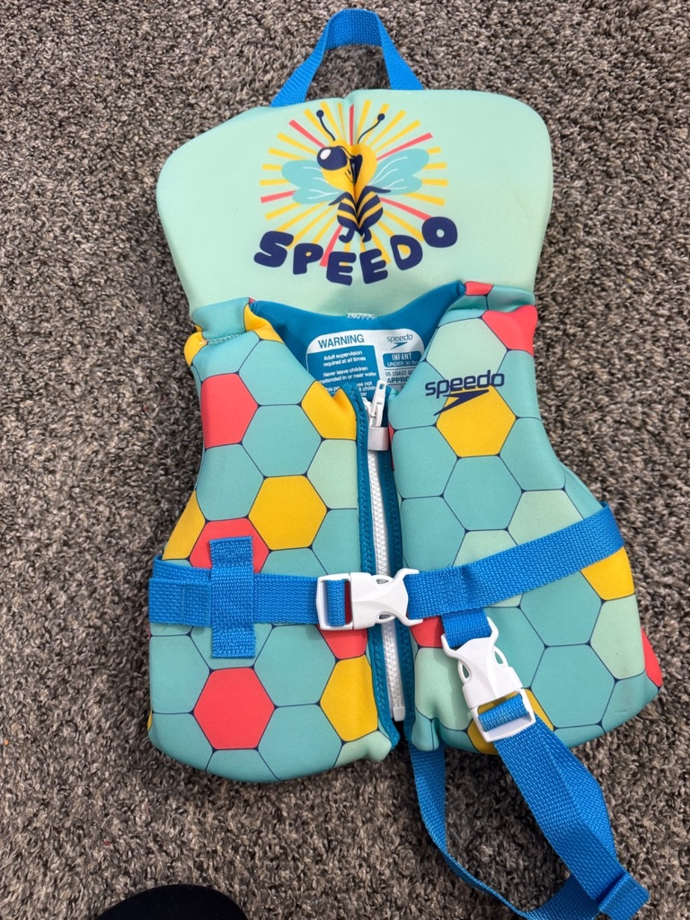 Speedo Kids Mint Swim Vest with Multicolor Hexagon Pattern and Blue Straps